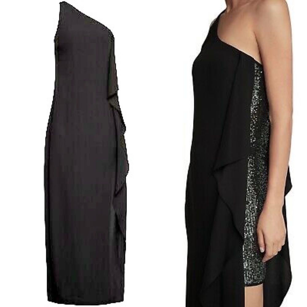 Bcbgmaxazria Black One Shoulder Ruffle Maxi Dress Size 4